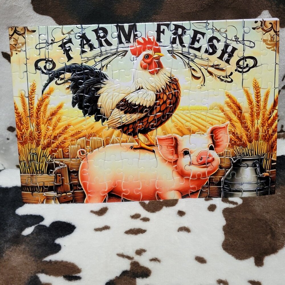 Farm Fresh Pig Chicken Western Handmade Custom 120 Jigsaw Piece Puzzle